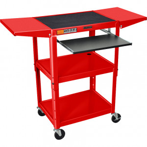 Red Luxor 42in Adjustable Height Metal Cart with Pull-out Keyboard and Mouse Shelf, Two Drop Leaf Sh