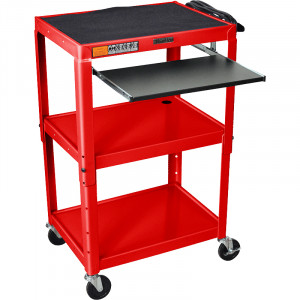 Red Luxor 42in Adjustable Height Metal Cart with Pull-out Keyboard and Mouse Shelf, Model: AVJ42KB-R