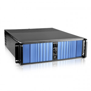 Black/Blue iStarUSA 3U Compact Stylish Rackmount Chassis with SEA Bezel, 4x 5.25in Bays, 1x 60mm Fan