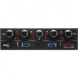 Black Aerocool StrikeX X-1000 5 Channels Fan Controller, with 2 x USB 3.0 / USB 2.0 Port