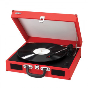 Spectra Jensen JTA-410 Portable 3-Speed Stereo Turntable (Red), Built-in Speakers, USB Port, Aux Input Jack