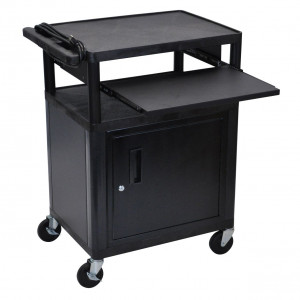 Black Luxor 34in LP Series Table with Cabinet, Pull-out Front Laptop Shelf, Model: LP34CLE-B.