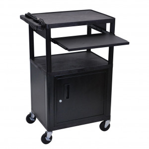 Black Luxor 42in LP Series Table with Cabinet, Pull-out Front Laptop Shelf, Model: LP42CLE-B.