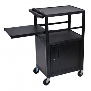 Black Luxor 42in LP Series Table with Cabinet, Pull-out Side Shelf, Model: LP42CPE-B.