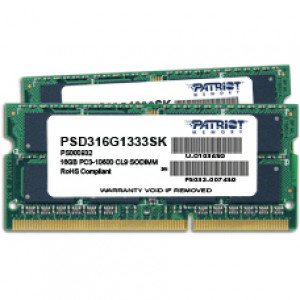 Patriot Signature Line 16GB (8GBx2) DDR3 1333 (PC3-10600) Dual Channel Kit Laptop Memory PSD316G1333SK, 204-pin SODIMM, 1.5V, CL9, Unbuffered, Non-ECC