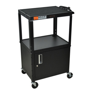 Black H.Wilson W42ACE Metal Open Shelf Utility Cart, 3-outlet Electric, w/ Locking Security Cabinet.