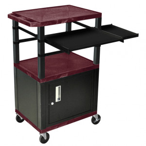 Burgundy H.Wilson 42in Tuffy Presentation Cart with Cabinet, Keyboard Shelf and Side Pullout Shelf, 