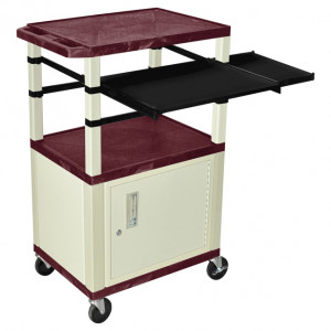 Burgundy H.Wilson 42in Tuffy Presentation Cart with Cabinet, Keyboard Shelf and Side Pullout Shelf, 