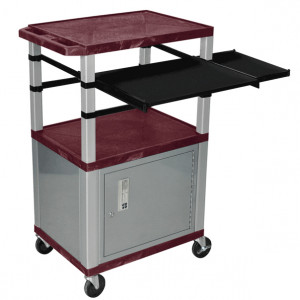 Burgundy H.Wilson 42in Tuffy Presentation Cart with Cabinet, Keyboard Shelf and Side Pullout Shelf, 