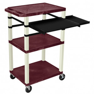 Burgundy H.Wilson 42in Tuffy Presentation Cart without Cabinet, Keyboard Shelf and Side Pullout Shel