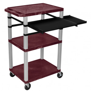 Burgundy H.Wilson 42in Tuffy Presentation Cart without Cabinet, Keyboard Shelf and Side Pullout Shel