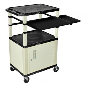 Black H.Wilson 42in Tuffy Presentation Cart with Cabinet, Keyboard Shelf and Side Pullout Shelf, Mod