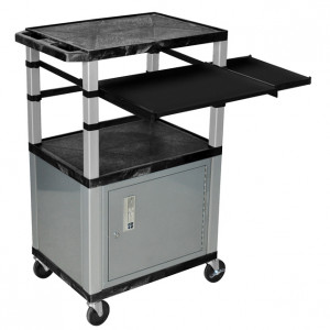 Black H.Wilson 42in Tuffy Presentation Cart with Cabinet, Keyboard Shelf and Side Pullout Shelf, Mod