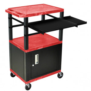 Red H.Wilson 42in Tuffy Presentation Cart with Cabinet, Keyboard Shelf and Side Pullout Shelf, Model