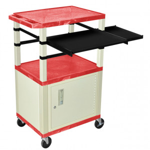 Red H.Wilson 42in Tuffy Presentation Cart with Cabinet, Keyboard Shelf and Side Pullout Shelf, Model