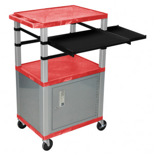 Red H.Wilson 42in Tuffy Presentation Cart with Cabinet, Keyboard Shelf and Side Pullout Shelf, Model