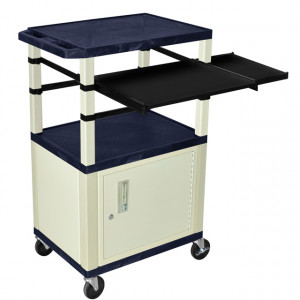 Navy H.Wilson 42in Tuffy Presentation Cart with Cabinet, Keyboard Shelf and Side Pullout Shelf, Mode