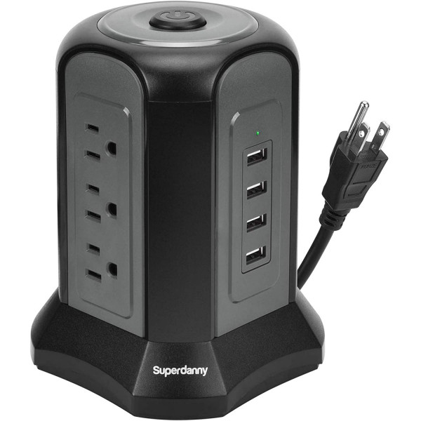 Superdanny Power Strip Tower Surge Protector, 10ft Extension Cord, 9 Outlet, 4 USB